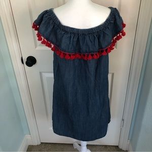 Saks Fifth Avenue Denim dress with red tassels/ pompoms